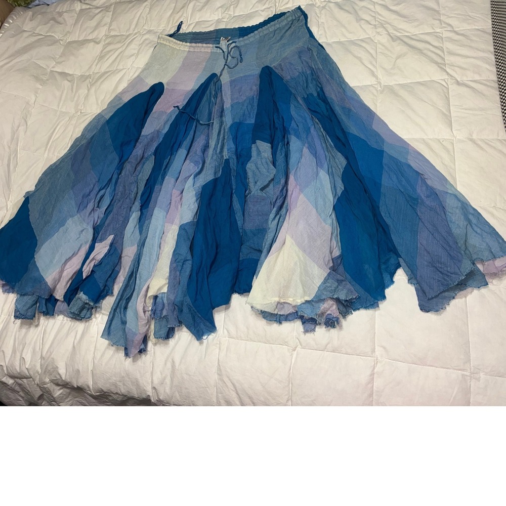 Sandy Cotton Patchwork Maxi Skirt Blue Purple Boho Frayed Hem Large
